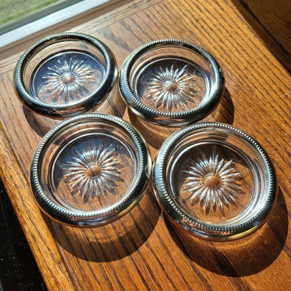 Vintage Silver Brass Plated Glass Coasters Leonard Made In Italy Set of 4 Classy